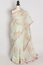 Damini | Sea Green Floral Embroidery Blended Cotton Kota Saree