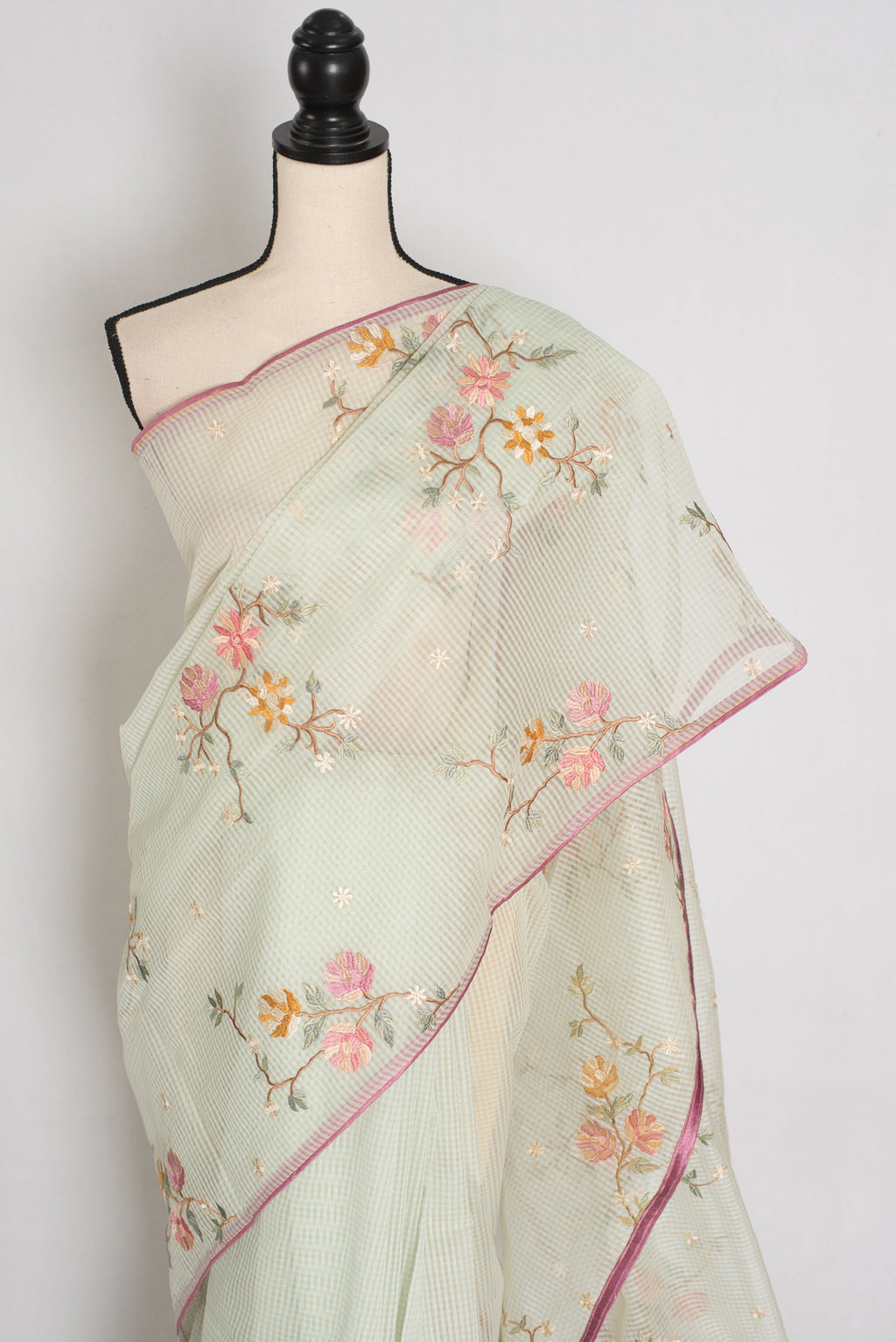 Damini | Sea Green Floral Embroidery Blended Cotton Kota Saree