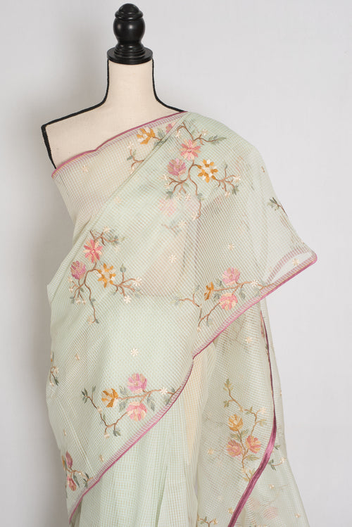 Damini | Sea Green Floral Embroidery Blended Cotton Kota Saree