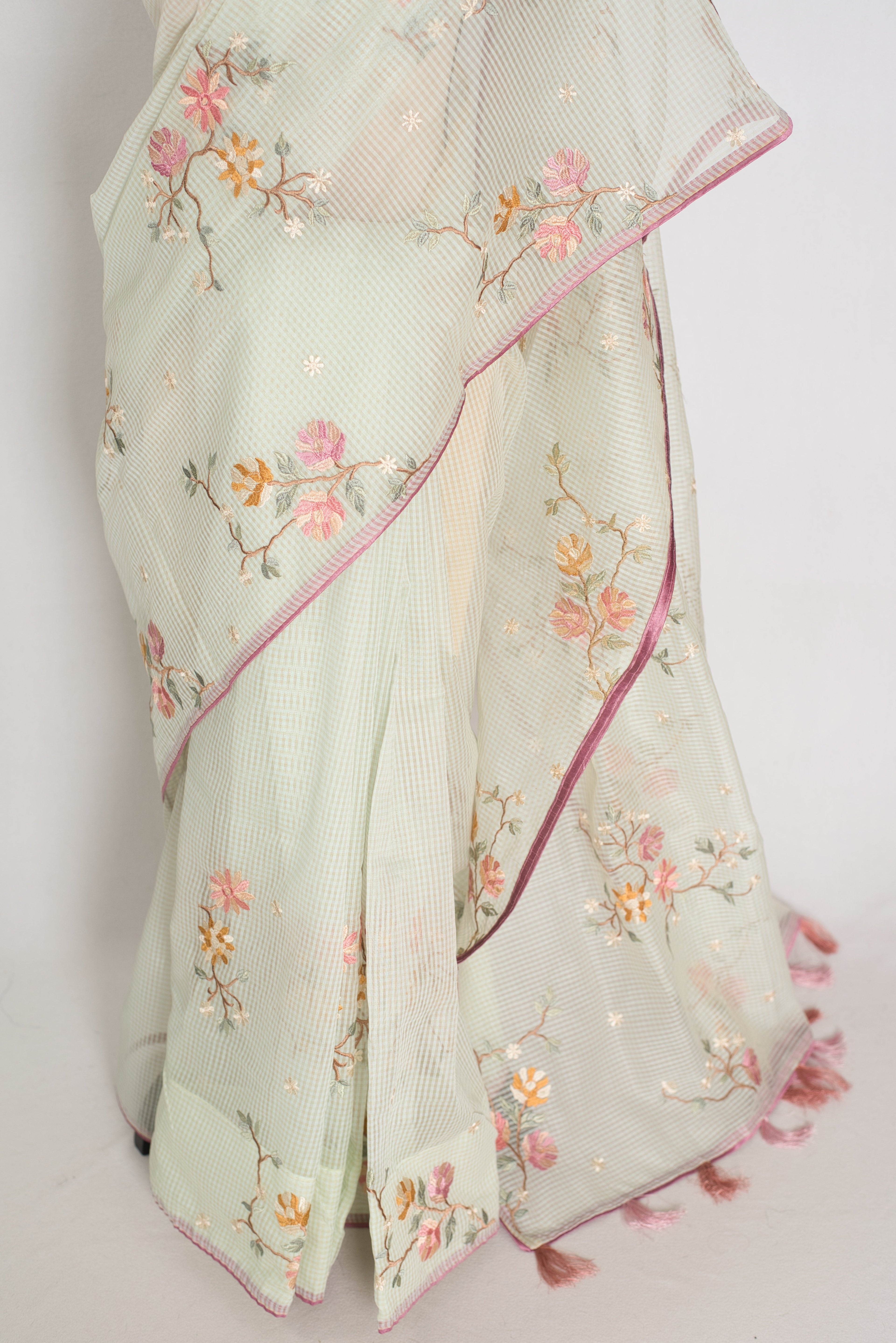 Damini | Sea Green Floral Embroidery Blended Cotton Kota Saree