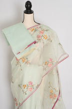 Damini | Sea Green Floral Embroidery Blended Cotton Kota Saree