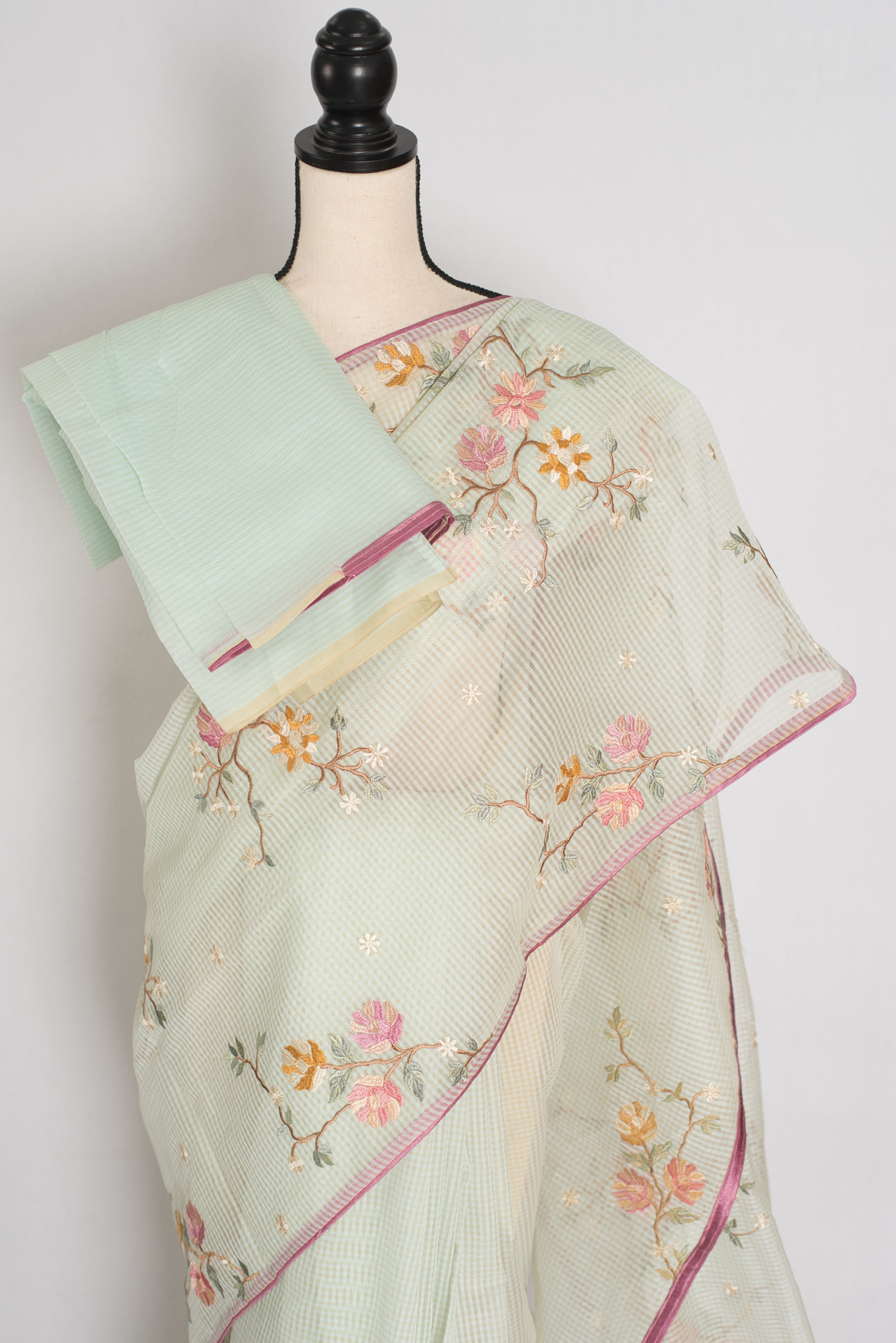 Damini | Sea Green Floral Embroidery Blended Cotton Kota Saree