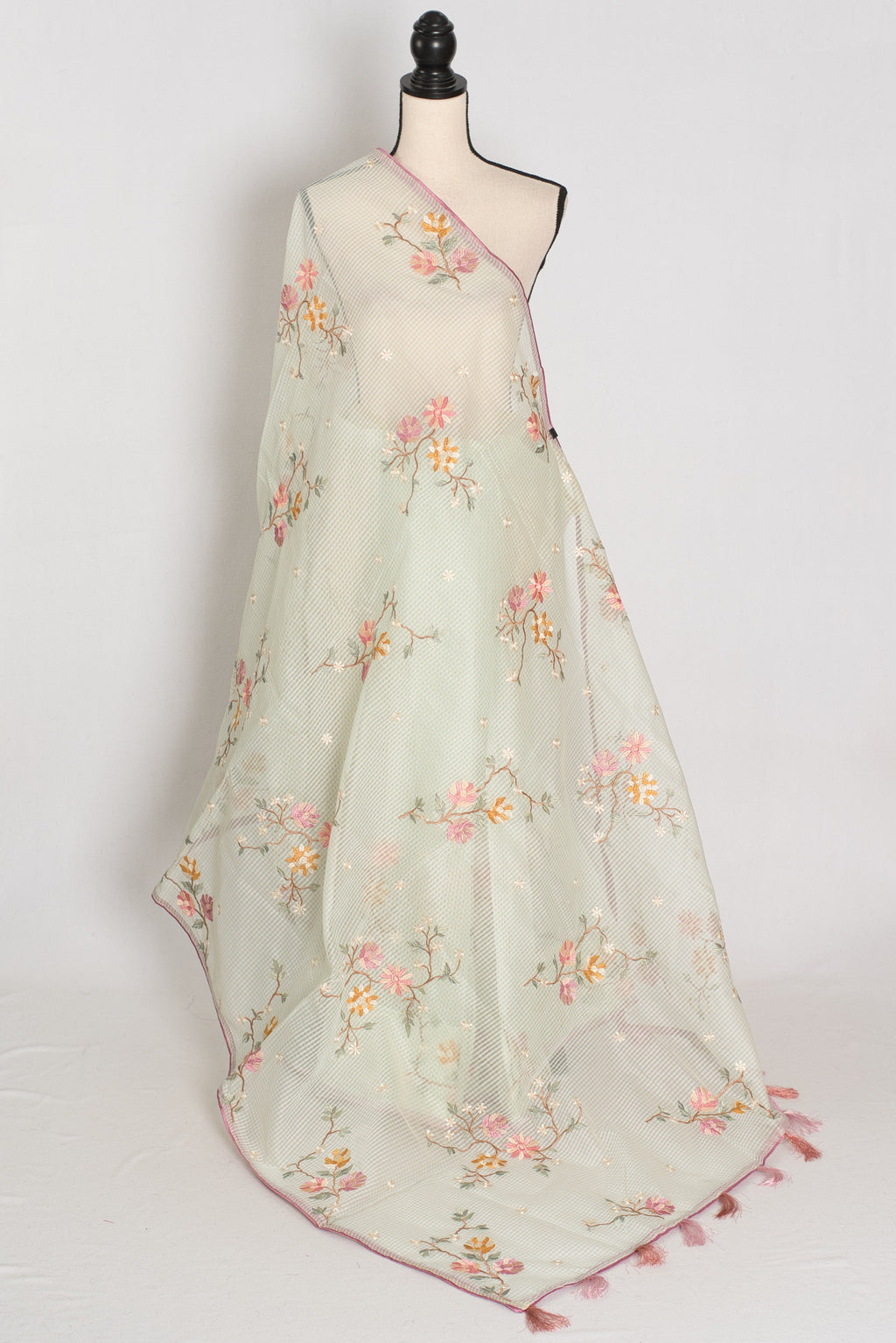 Damini | Sea Green Floral Embroidery Blended Cotton Kota Saree