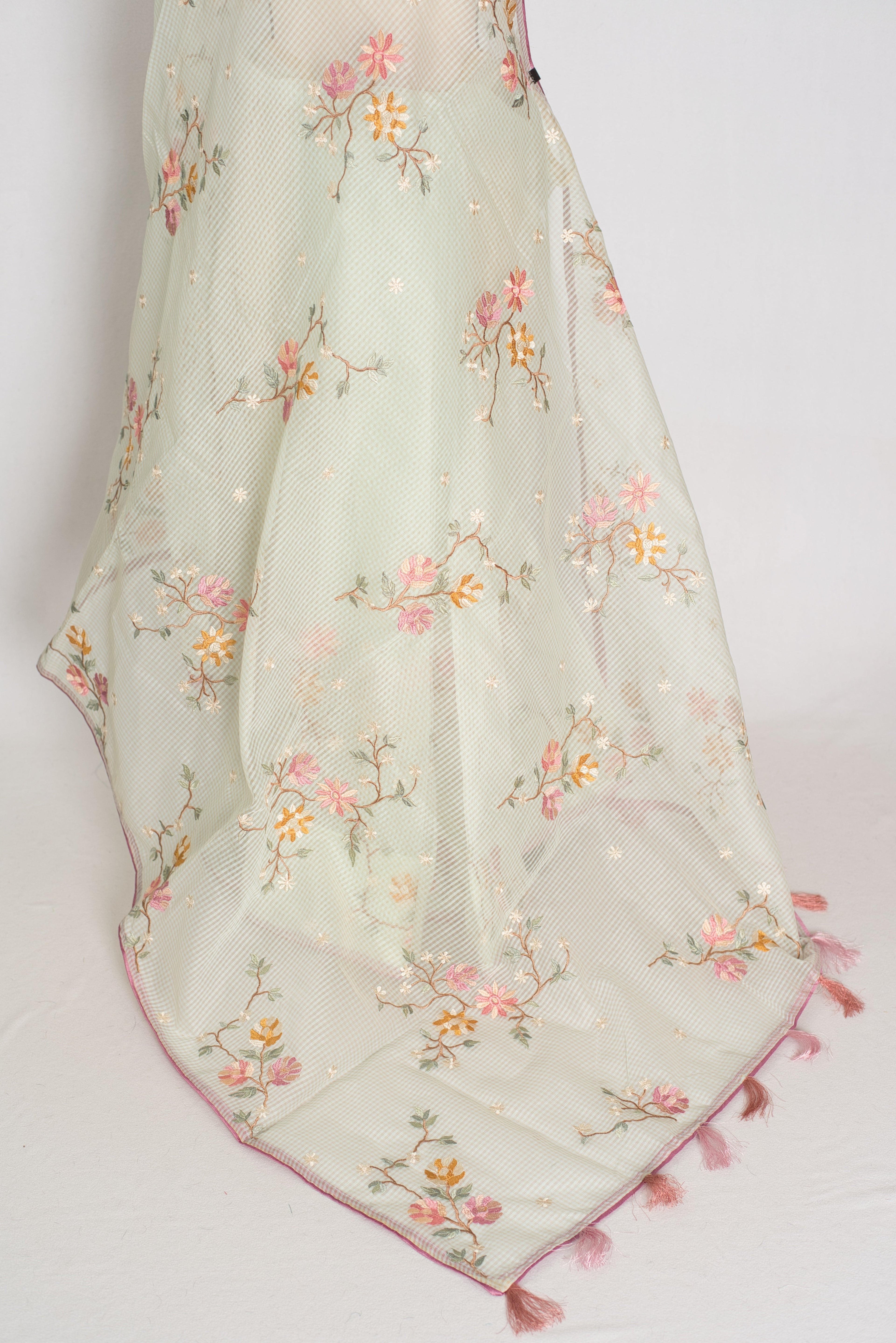 Damini | Sea Green Floral Embroidery Blended Cotton Kota Saree