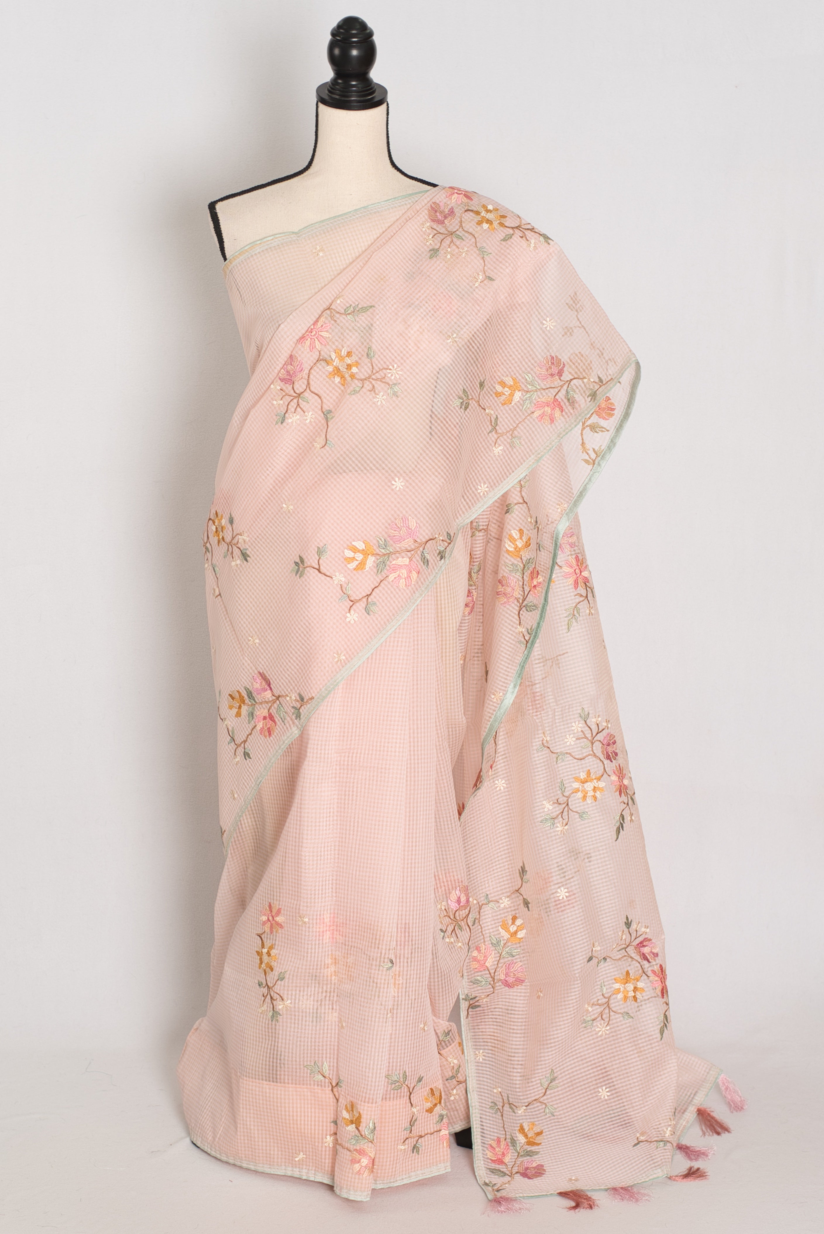 Rohini | Pink Floral Embroidery Blended Cotton Kota Saree