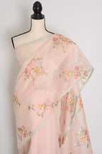 Rohini | Pink Floral Embroidery Blended Cotton Kota Saree