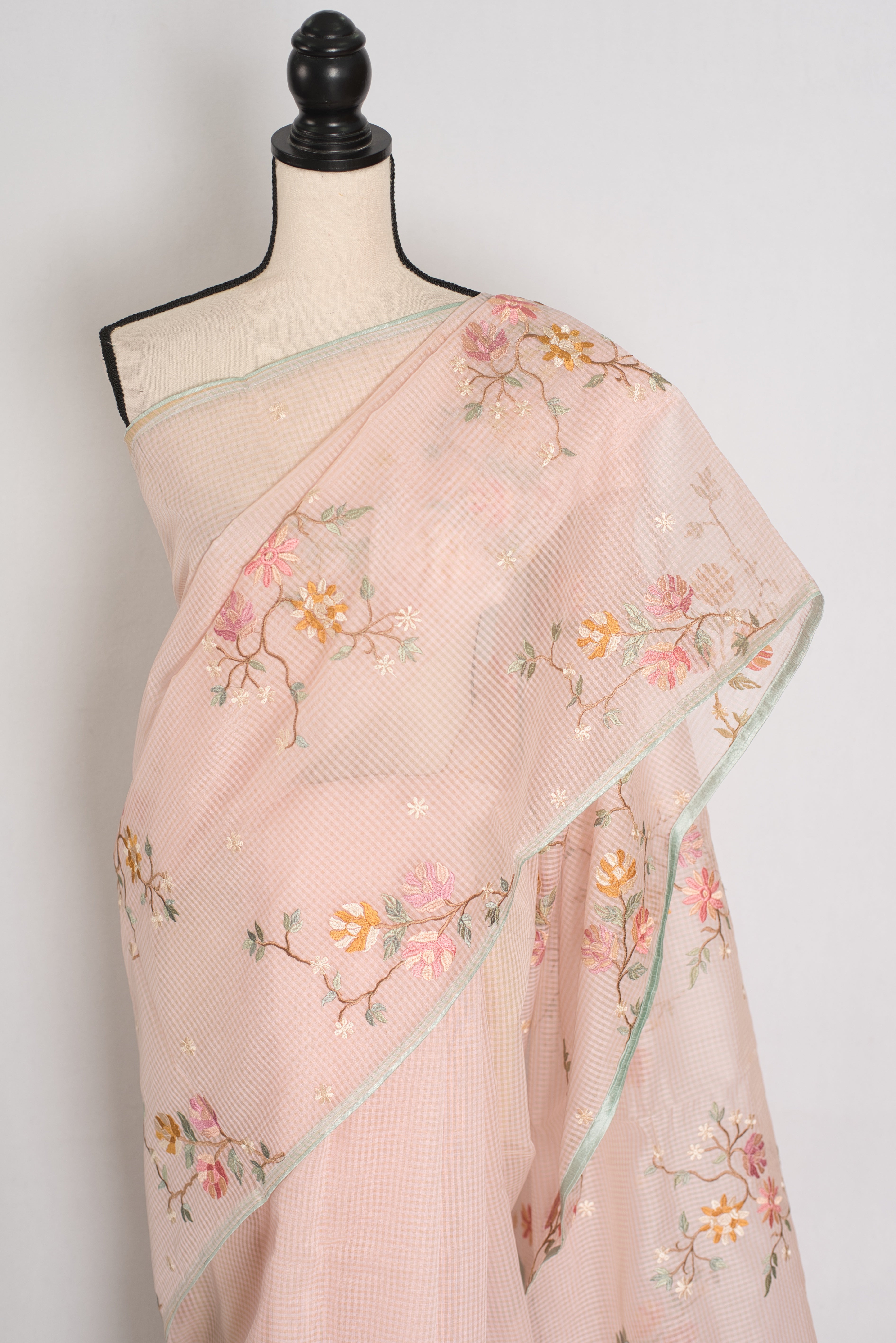 Rohini | Pink Floral Embroidery Blended Cotton Kota Saree