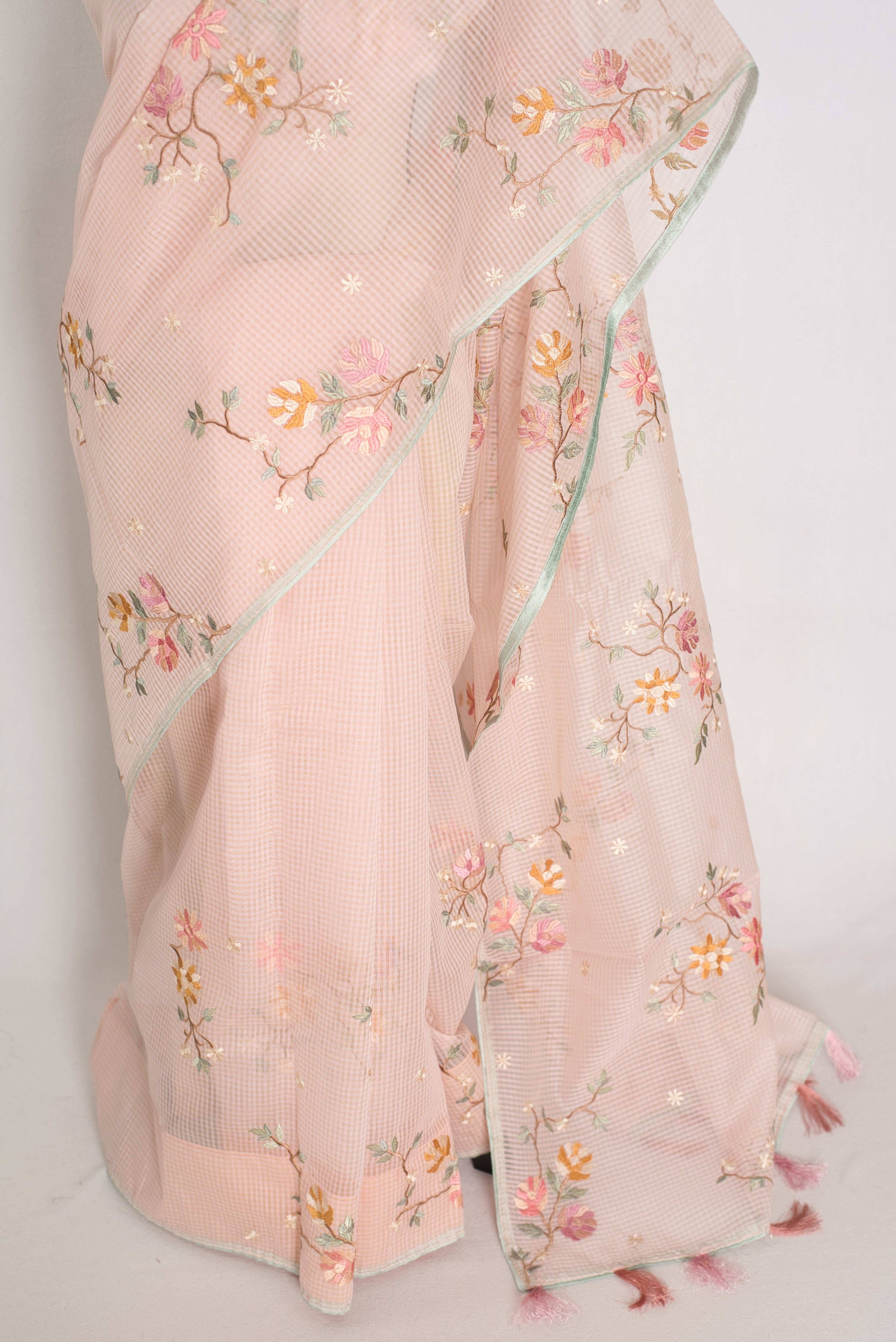 Rohini | Pink Floral Embroidery Blended Cotton Kota Saree