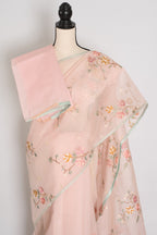 Rohini | Pink Floral Embroidery Blended Cotton Kota Saree