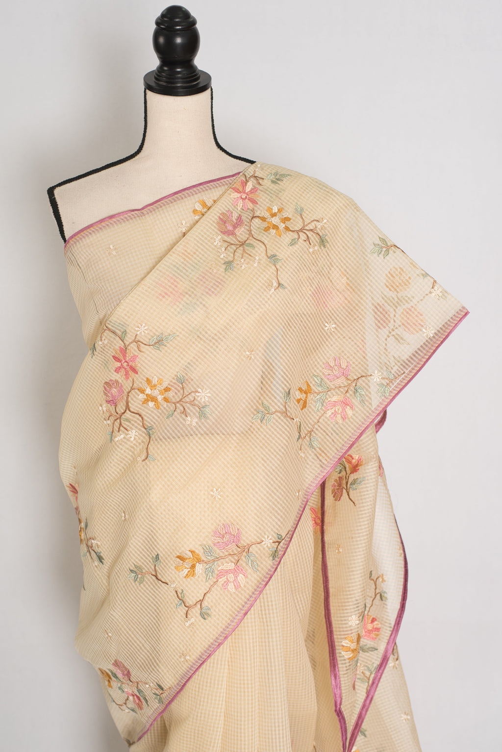 Srija | Yellow Floral Embroidery Blended Cotton Kota Saree