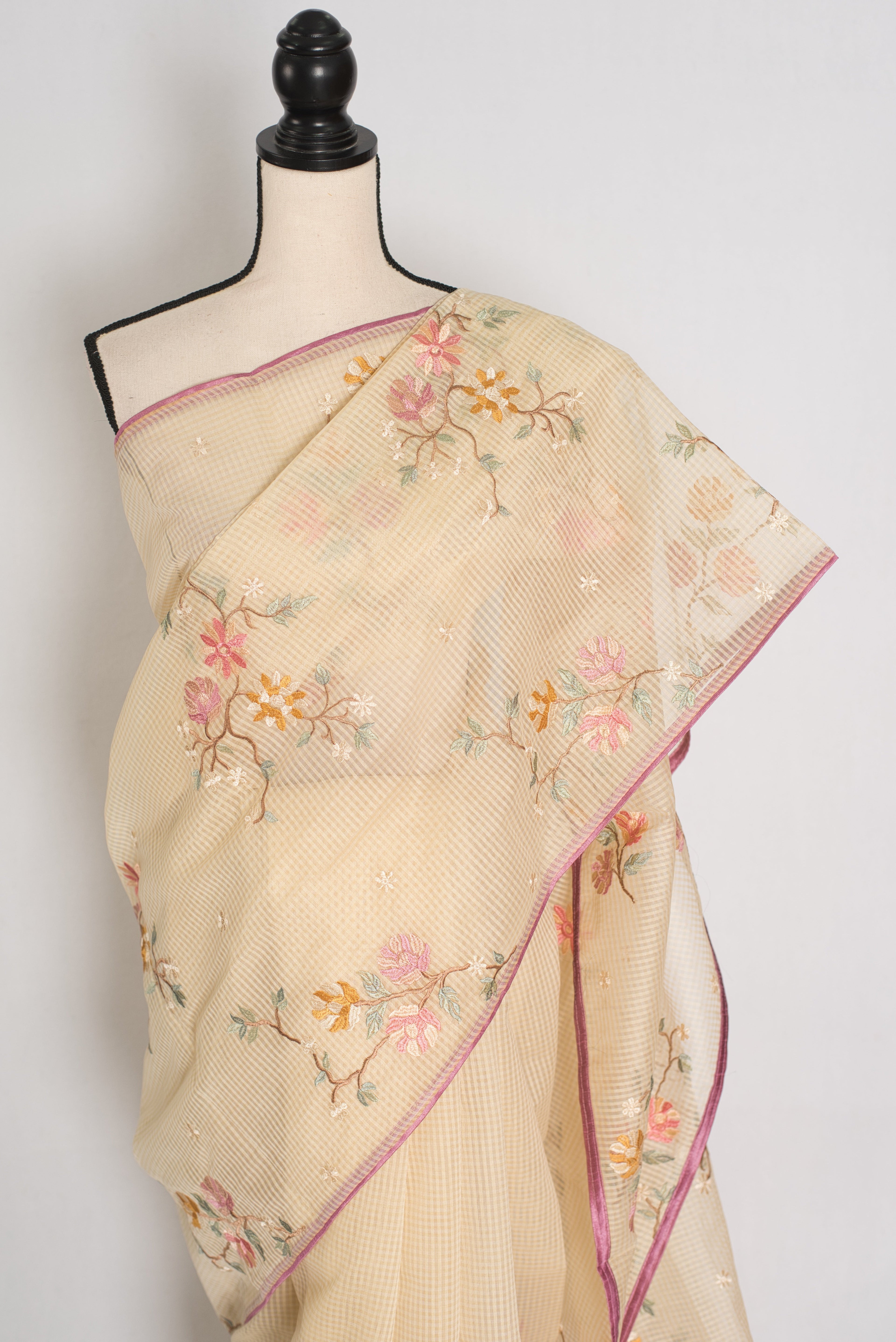 Srija | Yellow Floral Embroidery Blended Cotton Kota Saree