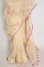 Srija | Yellow Floral Embroidery Blended Cotton Kota Saree