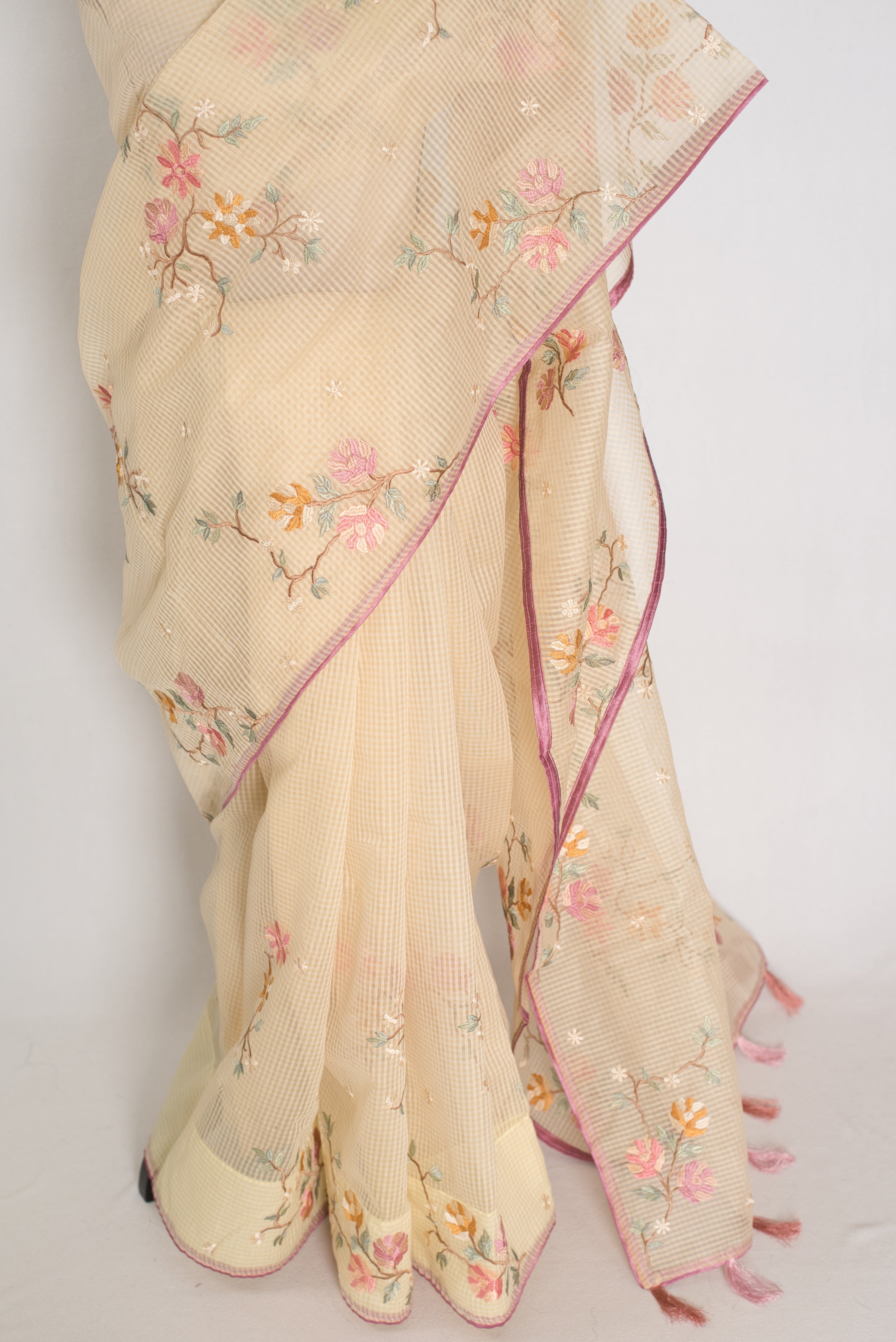 Srija | Yellow Floral Embroidery Blended Cotton Kota Saree
