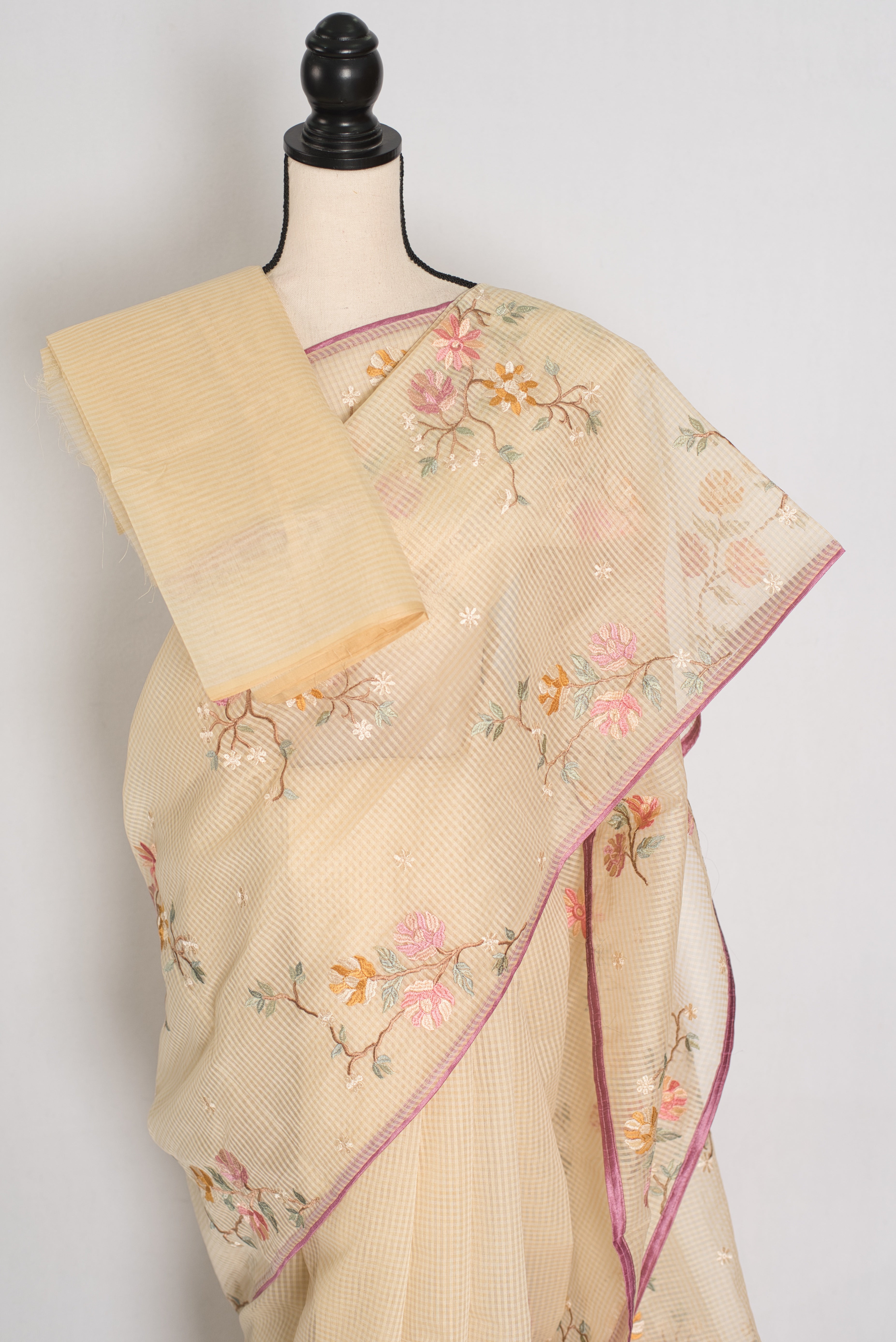 Srija | Yellow Floral Embroidery Blended Cotton Kota Saree