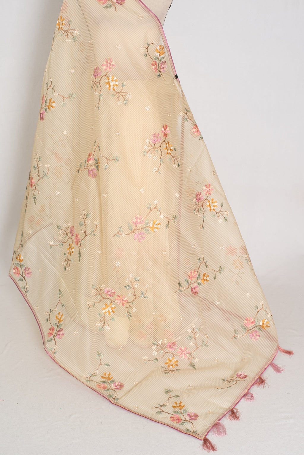 Srija | Yellow Floral Embroidery Blended Cotton Kota Saree
