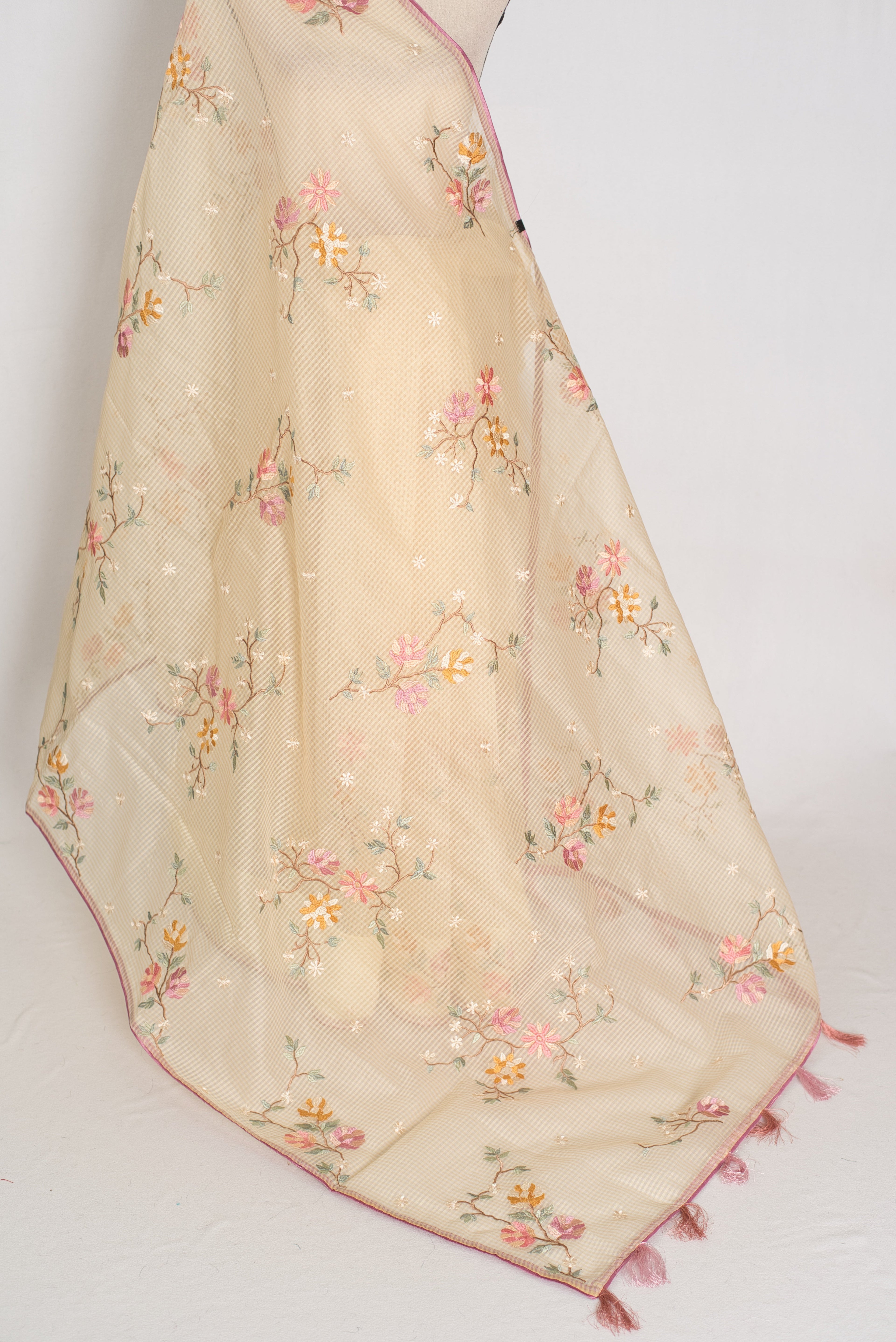 Srija | Yellow Floral Embroidery Blended Cotton Kota Saree