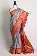 Semi Silk Pochampally Saree in Gray and Red