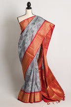 Semi Silk Pochampally Saree in Gray and Red
