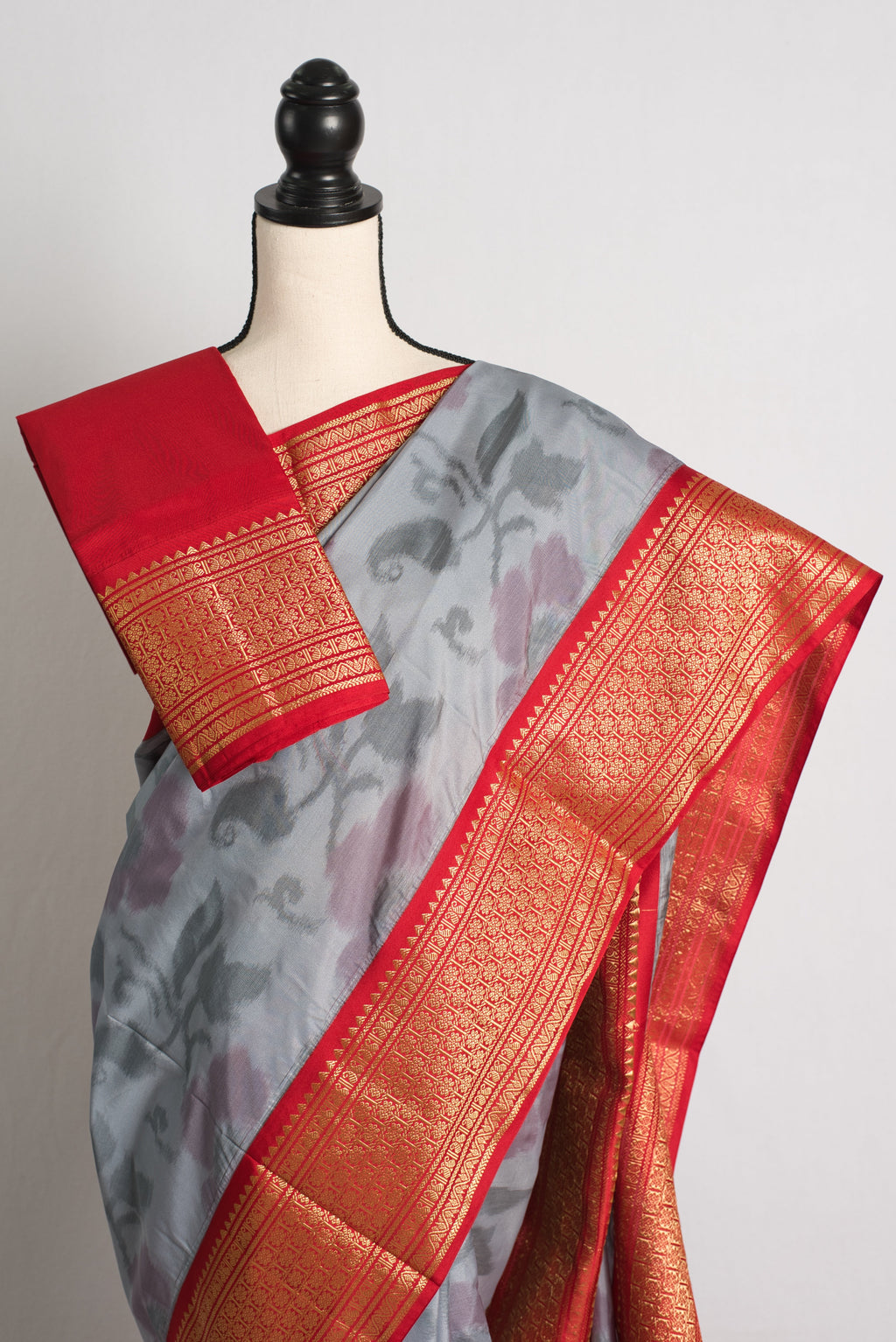 Semi Silk Pochampally Saree in Gray and Red