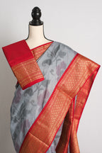 Semi Silk Pochampally Saree in Gray and Red
