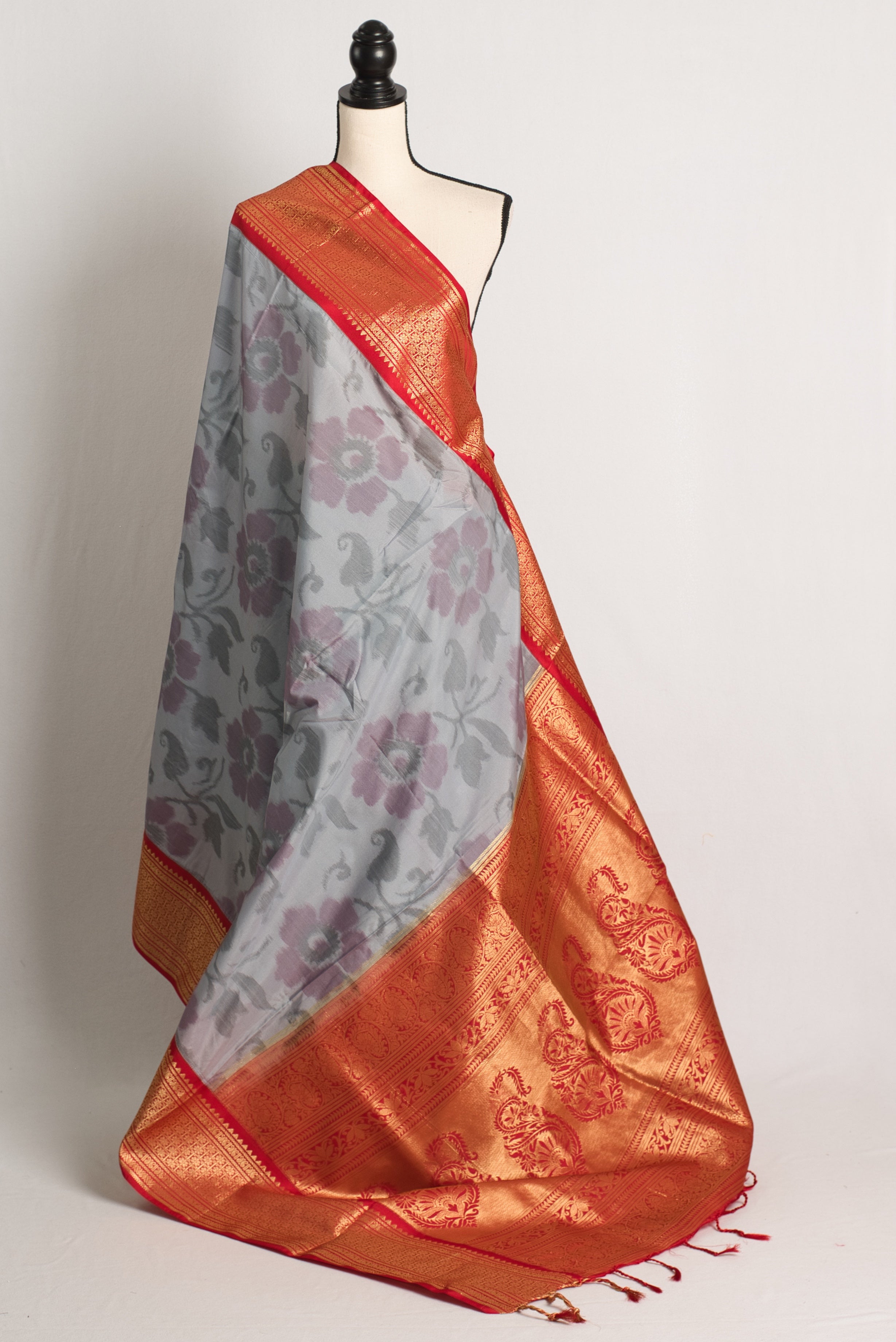 Semi Silk Pochampally Saree in Gray and Red