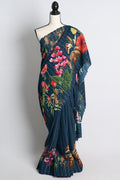 Blue Floral Printed Munga Soft Cotton Saree with Woven Sequins
