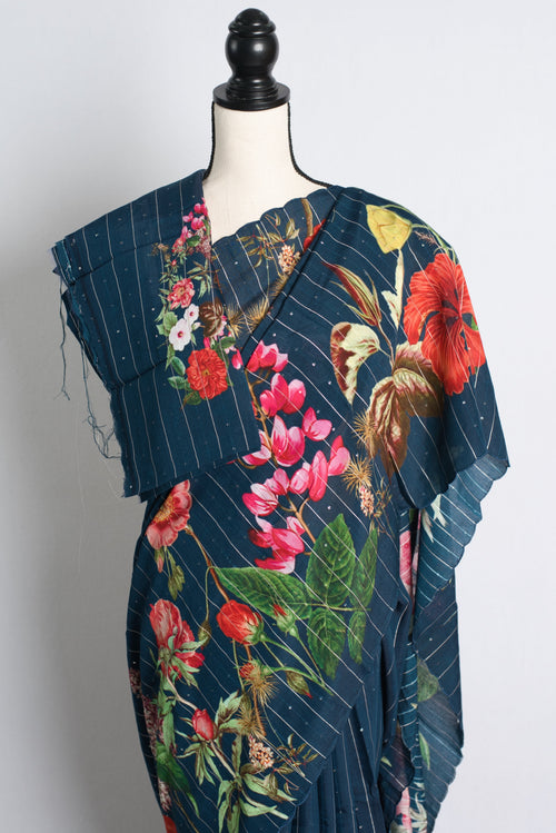 Blue Floral Printed Munga Soft Cotton Saree with Woven Sequins