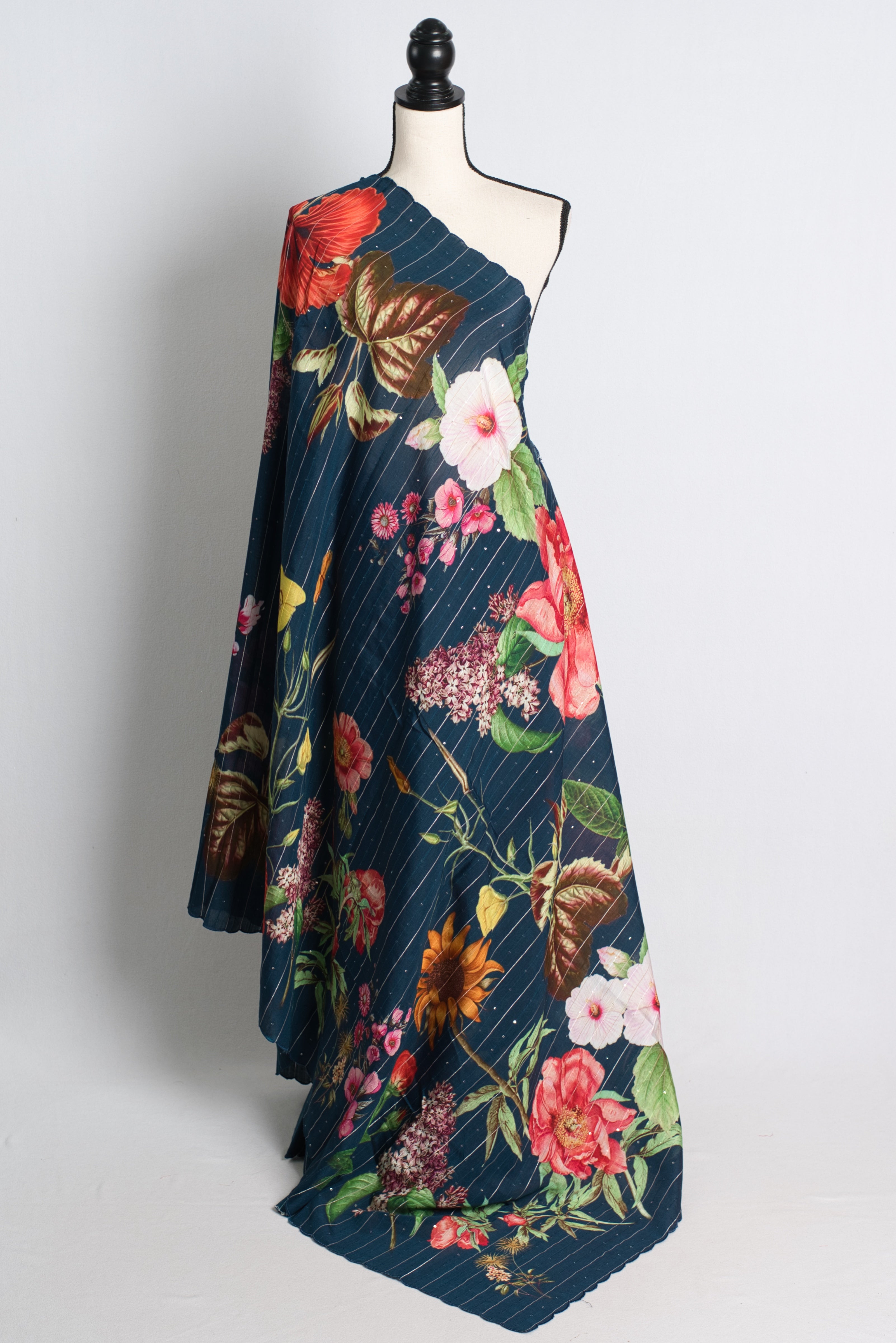 Blue Floral Printed Munga Soft Cotton Saree with Woven Sequins