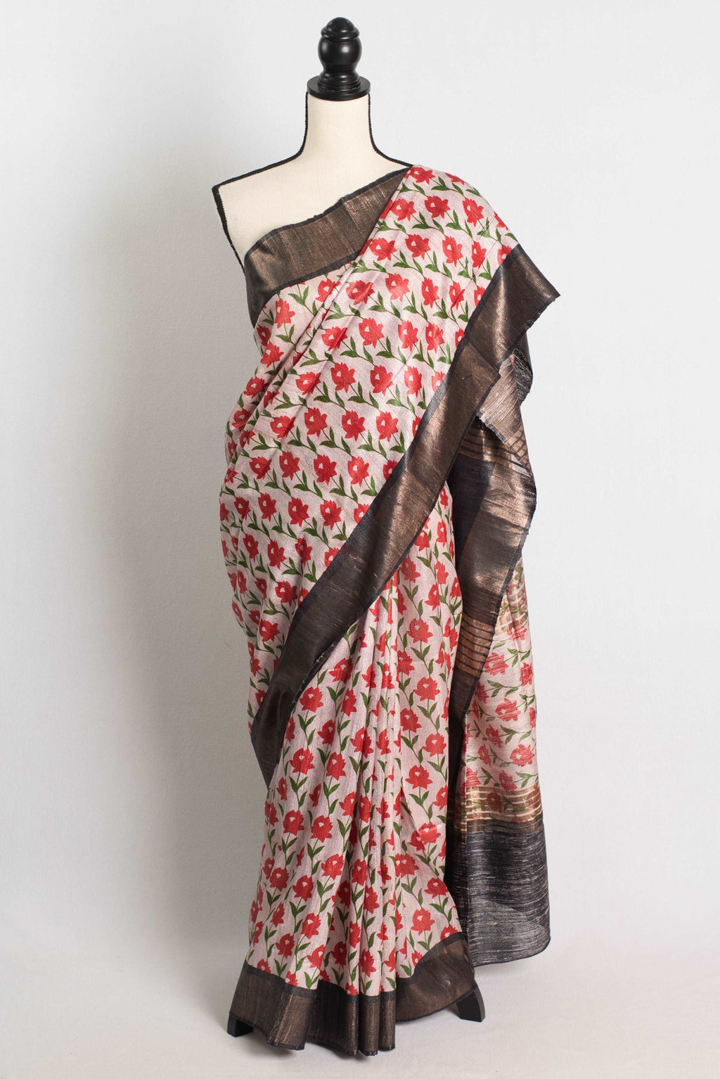 Gicha Tussar Block Printed Saree in Off White, Red and Black