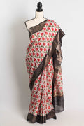 Gicha Tussar Block Printed Saree in Off White, Red and Black