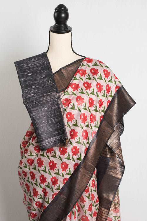 Gicha Tussar Block Printed Saree in Off White, Red and Black