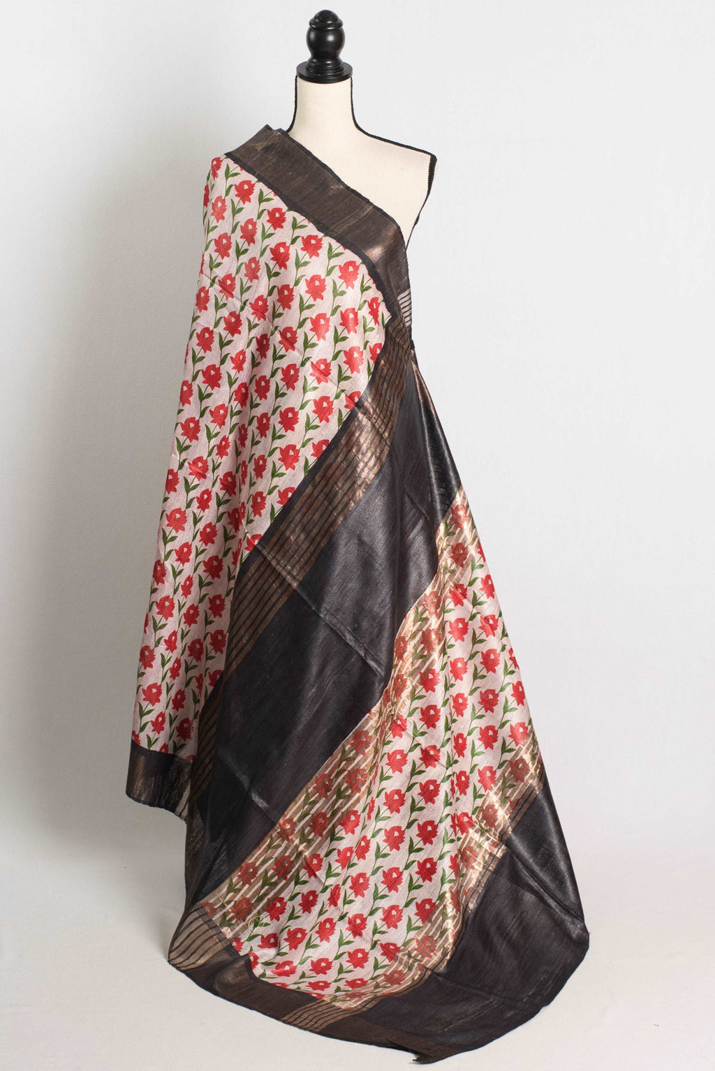 Gicha Tussar Block Printed Saree in Off White, Red and Black