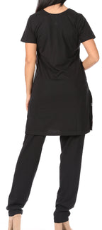 Sakkas Maria Women's Casual Tunic Kurta Knit Plain Embroidered Kurti Pant Set Soft