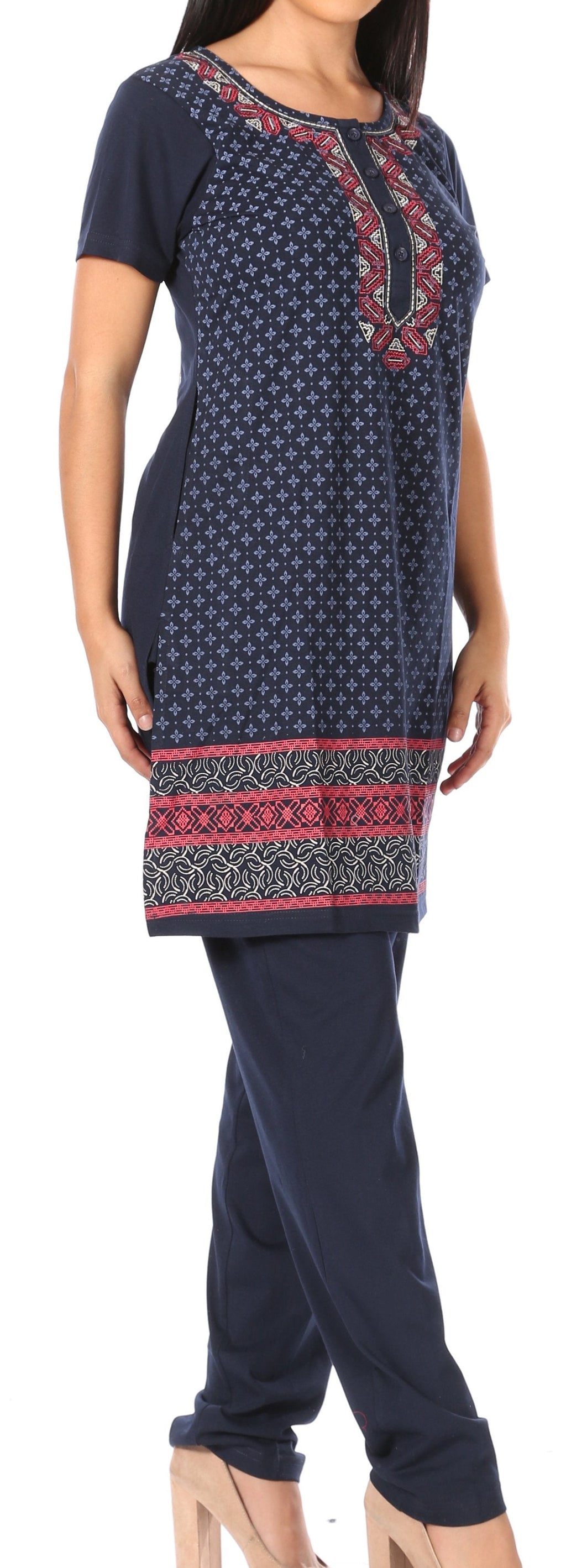 Sakkas Maria Women's Casual Tunic Kurta Knit Plain Embroidered Kurti Pant Set Soft