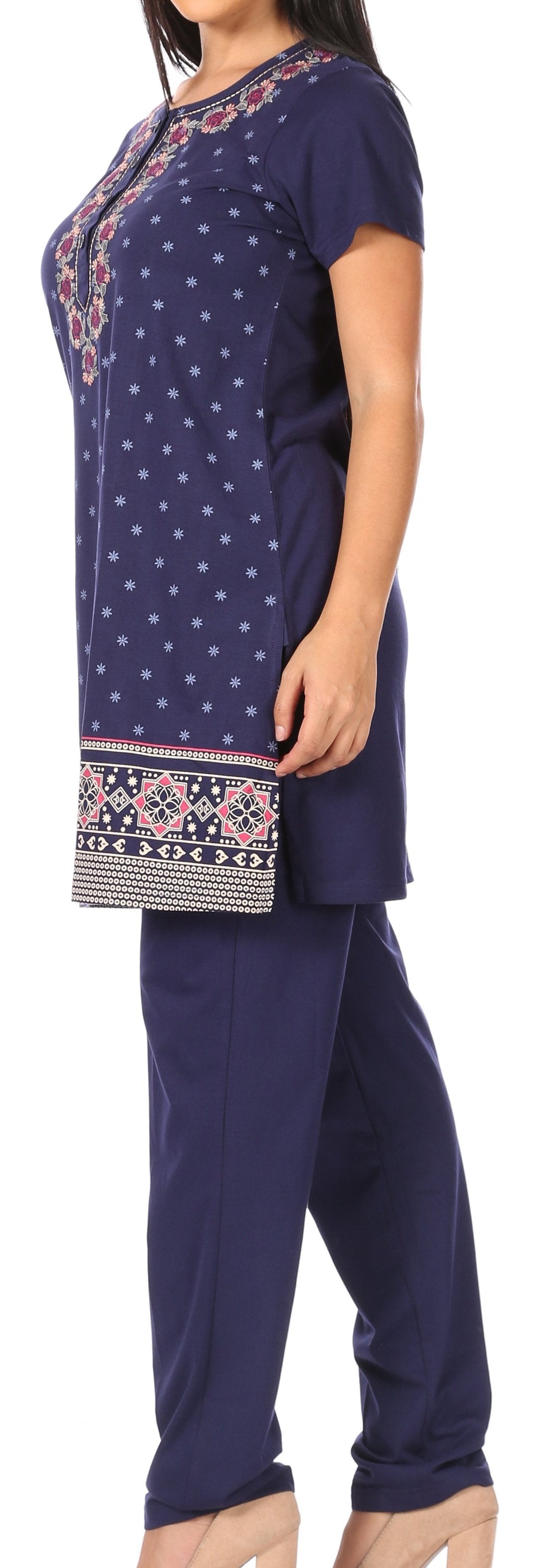 Sakkas Maria Women's Casual Tunic Kurta Knit Plain Embroidered Kurti Pant Set Soft