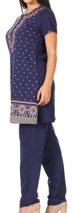 Sakkas Maria Women's Casual Tunic Kurta Knit Plain Embroidered Kurti Pant Set Soft
