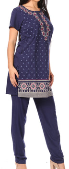 Sakkas Maria Women's Casual Tunic Kurta Knit Plain Embroidered Kurti Pant Set Soft