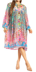 Sakkas Womens 3/4 Puff Sleeves Split Neck Summer Short Flowy Swing Dress/Cover-up