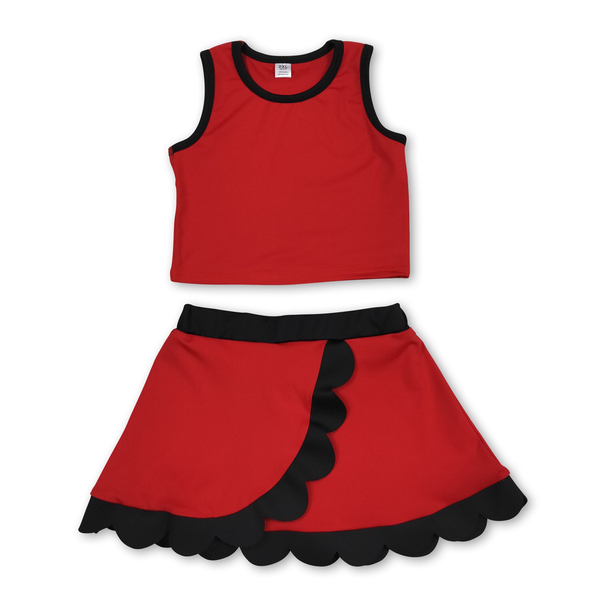 Sleeveless red black scallop girls team active wear set