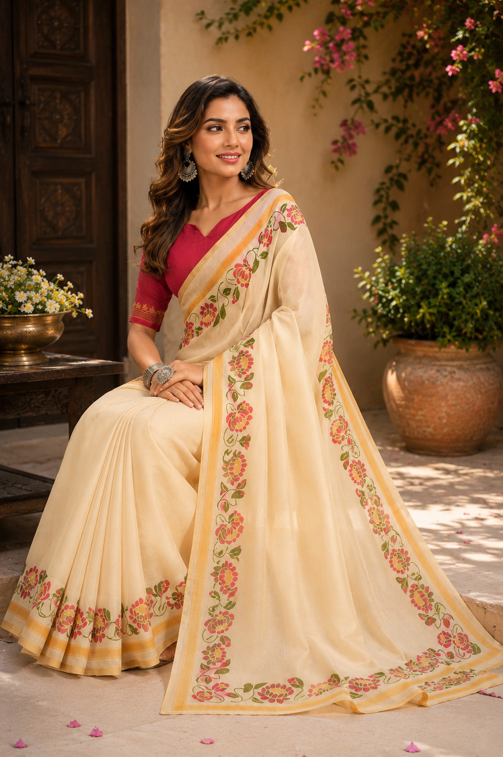Dwija Fashion Off - White Party Wear Printed Linen Ready To Wear Saree With Unstitched Blouse