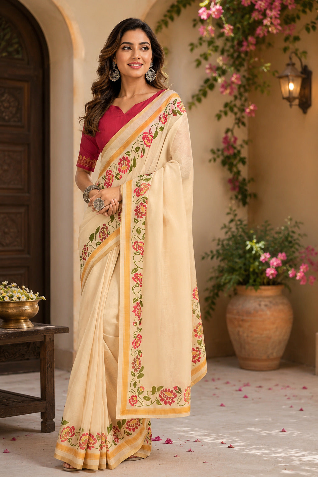 Dwija Fashion Off - White Party Wear Printed Linen Ready To Wear Saree With Unstitched Blouse
