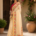 Dwija Fashion Off - White Party Wear Printed Linen Ready To Wear Saree With Unstitched Blouse