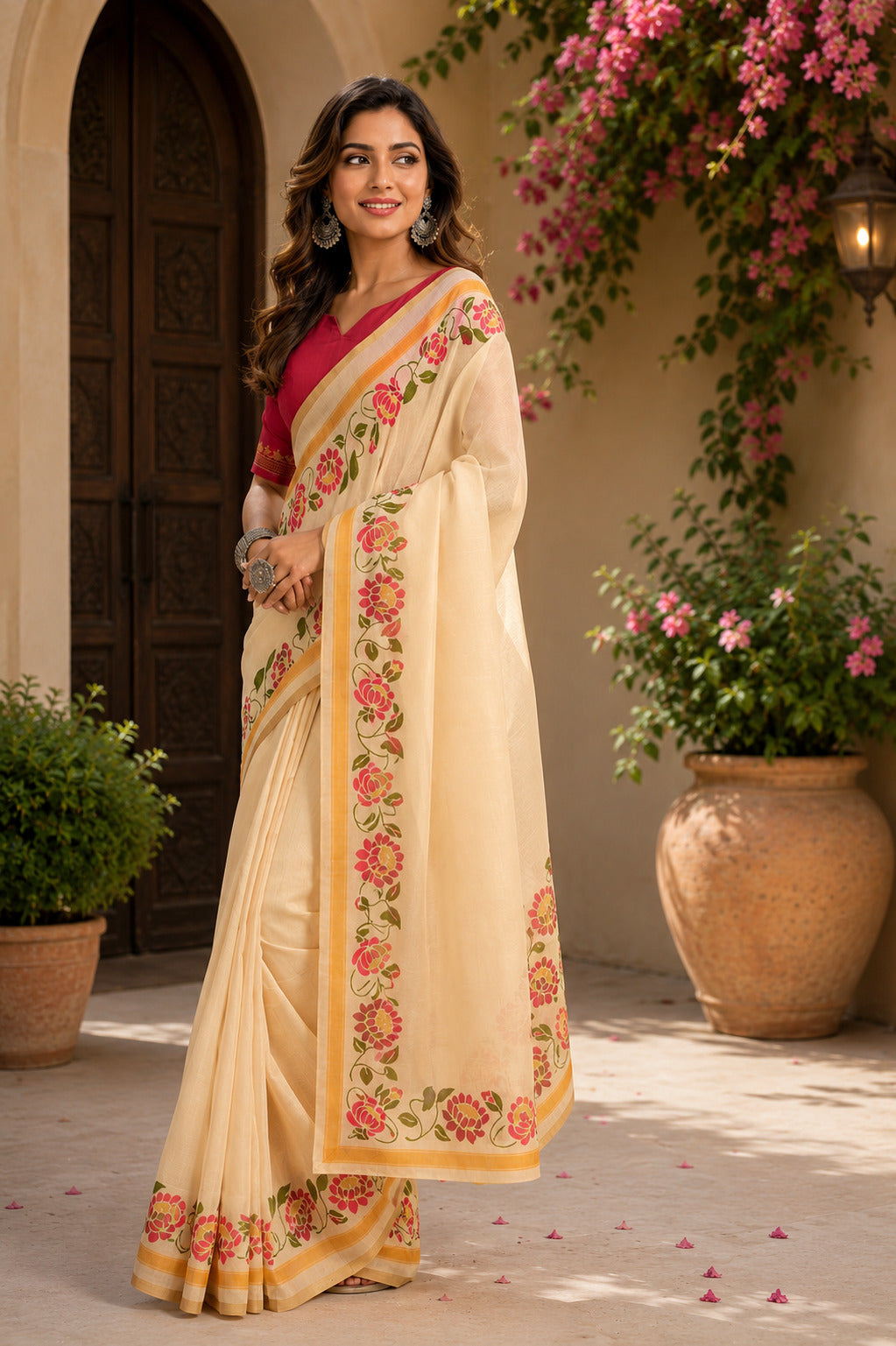 Dwija Fashion Off - White Party Wear Printed Linen Ready To Wear Saree With Unstitched Blouse