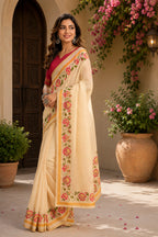 Dwija Fashion Off - White Party Wear Printed Linen Ready To Wear Saree With Unstitched Blouse