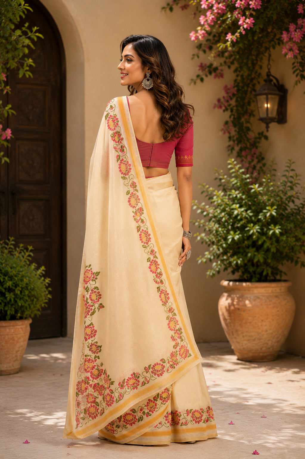 Dwija Fashion Off - White Party Wear Printed Linen Ready To Wear Saree With Unstitched Blouse