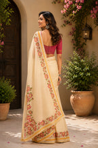 Dwija Fashion Off - White Party Wear Printed Linen Ready To Wear Saree With Unstitched Blouse