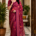Dwija Fashion Maroon Party Wear Printed Linen Ready To Wear Saree With Unstitched Blouse