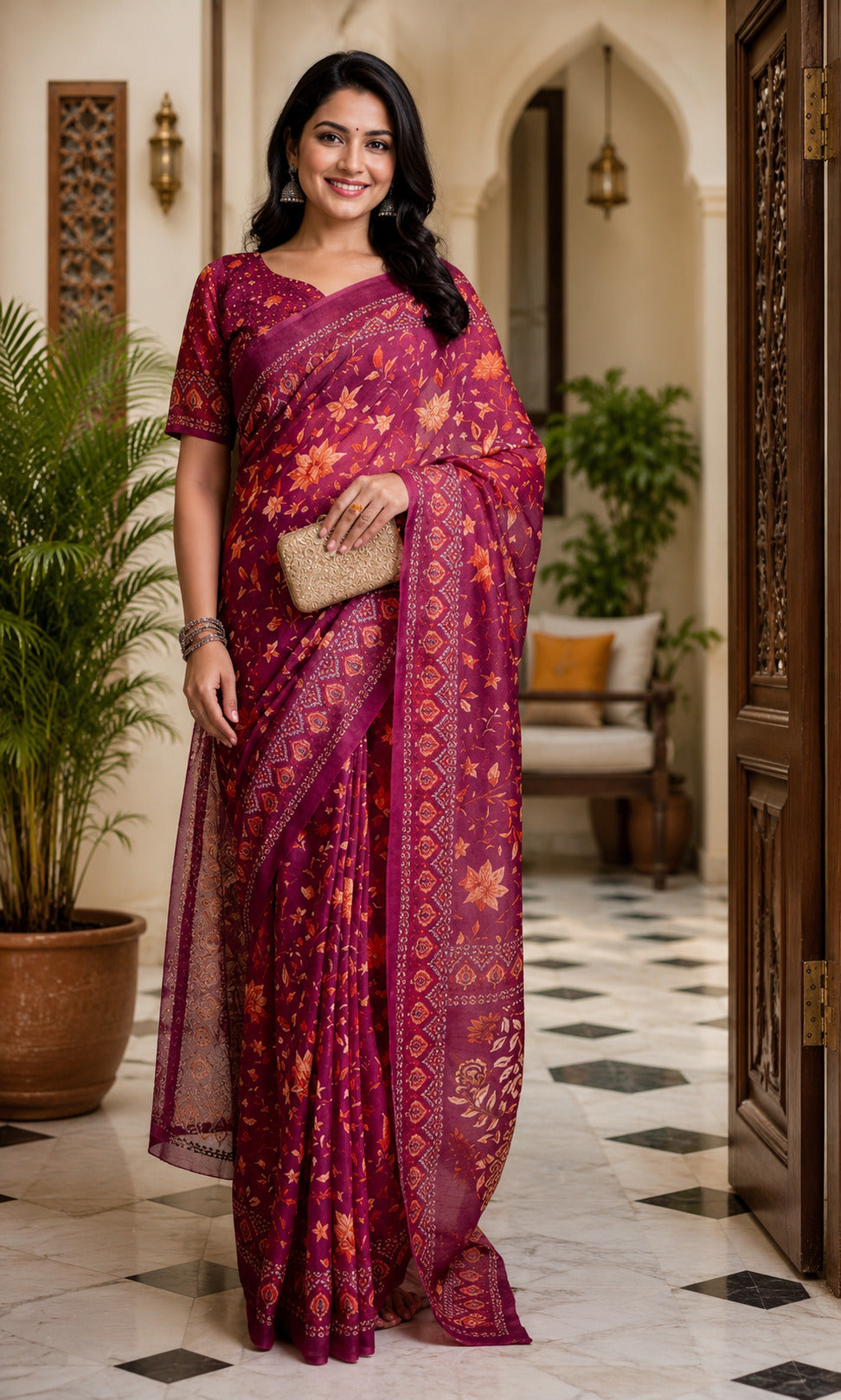 Dwija Fashion Maroon Party Wear Printed Linen Ready To Wear Saree With Unstitched Blouse