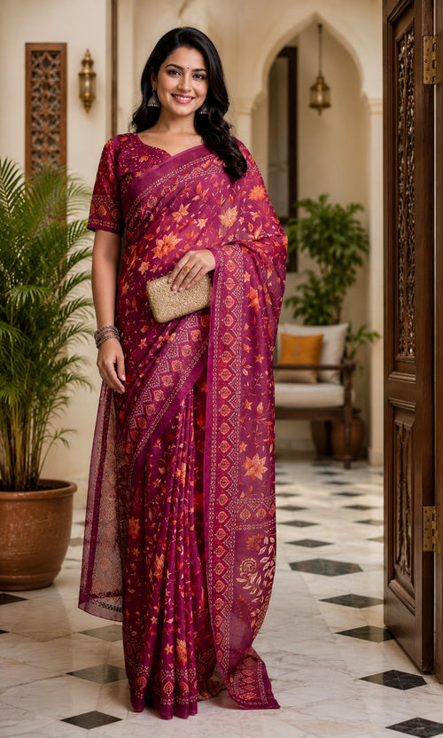 Dwija Fashion Maroon Party Wear Printed Linen Ready To Wear Saree With Unstitched Blouse