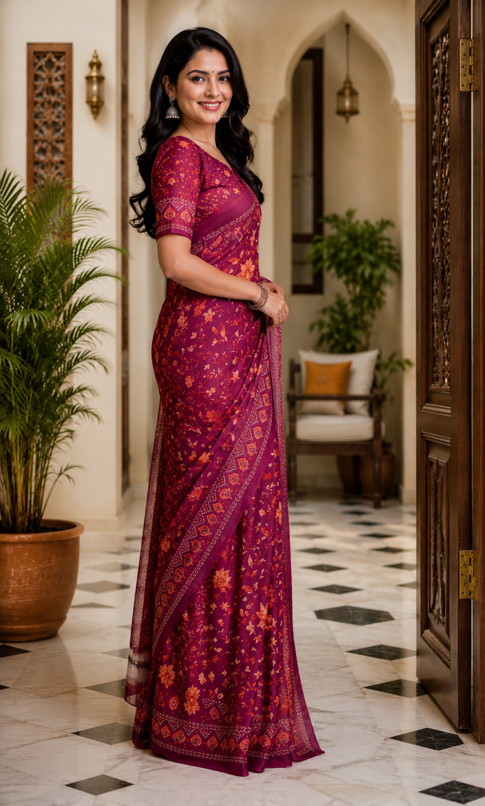 Dwija Fashion Maroon Party Wear Printed Linen Ready To Wear Saree With Unstitched Blouse